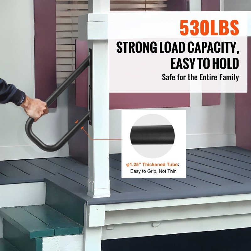 Seinäkiinnitteinen hiiliteräskaide ulkoportaisiin 480 mm mattamusta 240 kg 1 kpl