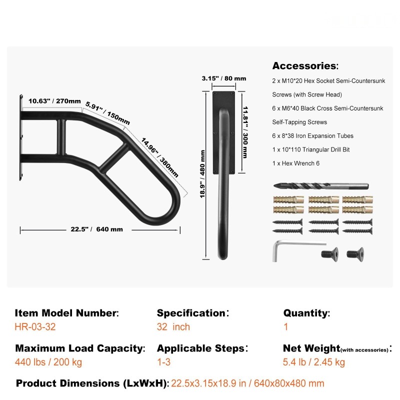 Seinään kiinnitettävä ulkokaide Q235A hiiliteräs 813 mm 1 kpl 1–3 portaalle