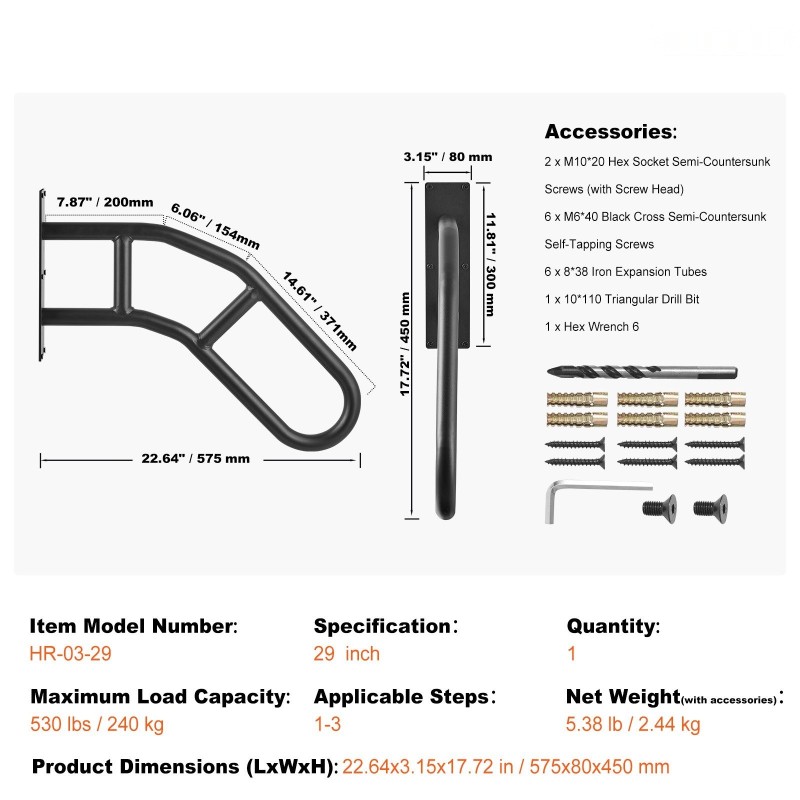 Seinään asennettava hiiliteräksinen käsijohde 29 tuumaa mattamusta ulkokäyttöön 1–3 portaalle
