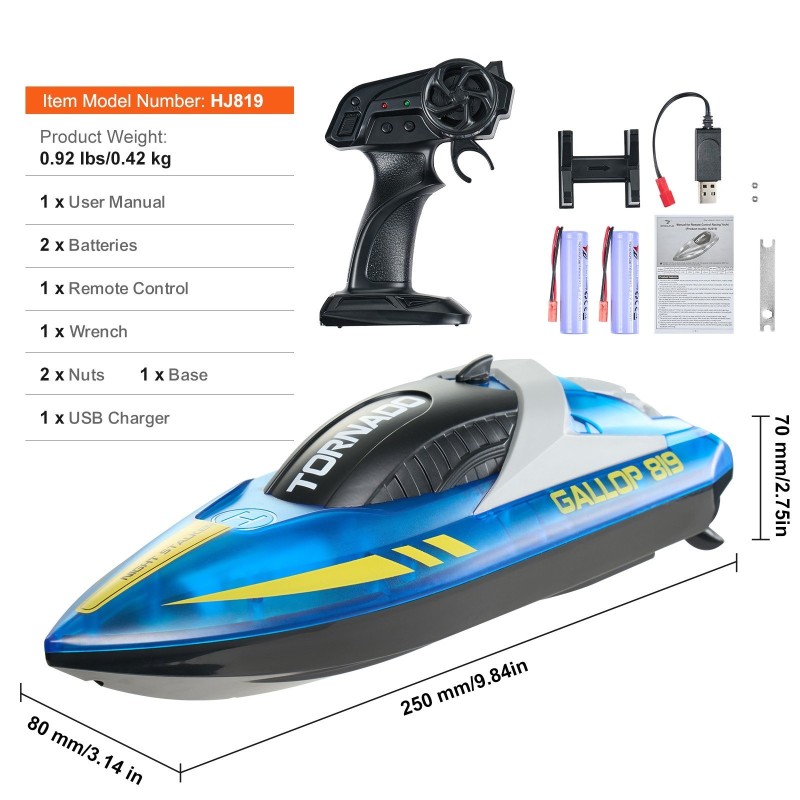 Kauko-ohjattava RC-vene ABS-muovi 250 mm vesitiivis 2.4GHz kaksi akkua LED-valo