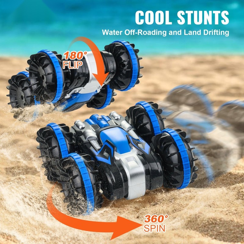 Kauko-ohjattava amfibioauto vesitiivis muovirunko neliveto kaksi akkua nopeus 12 kilometriä tunnissa