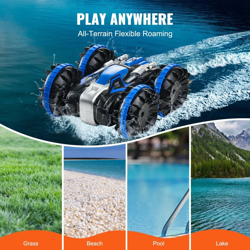 Kauko-ohjattava amfibioauto vesitiivis muovirunko neliveto kaksi akkua nopeus 12 kilometriä tunnissa