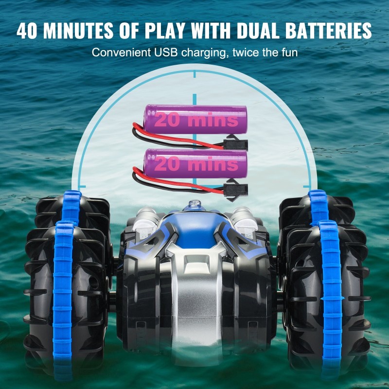 Kauko-ohjattava amfibioauto vesitiivis muovirunko neliveto kaksi akkua nopeus 12 kilometriä tunnissa