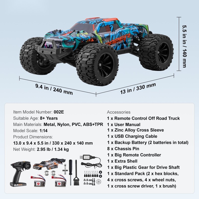 Radio-ohjattava maastoauto 1:14-mittakaava neliveto harjaton moottori 42 km/h