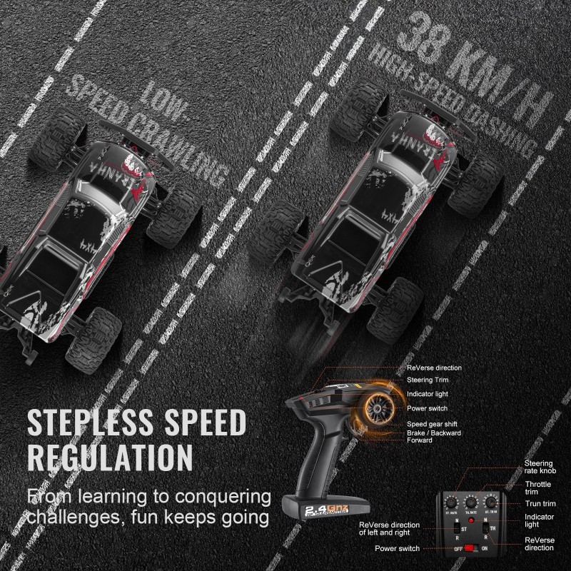 Radio-ohjattava 1:10-mittakaavainen neliveto maastoauto 45 asteen pyörätemppu 38 km/h kaksi akkua