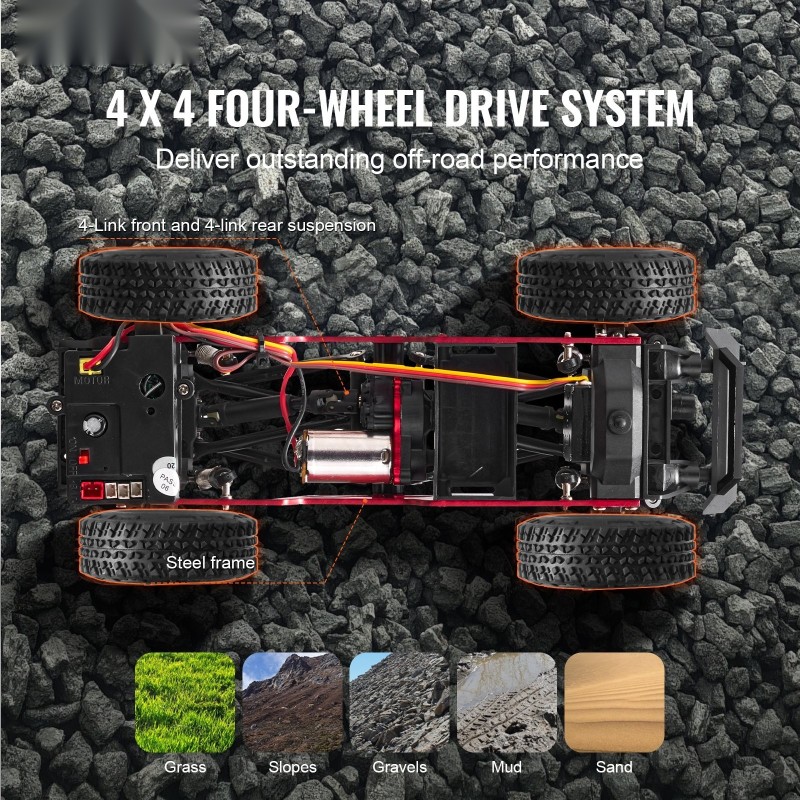Kauko-ohjattava 1:24 nelivetoinen maastoauto täysi valaistus 2 ladattavaa akkua pikalatauksella