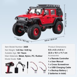 Kauko-ohjattava 1:24 nelivetoinen maastoauto täysi valaistus 2 ladattavaa akkua pikalatauksella