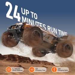 Kauko-ohjattava maastoauto 1:10 nelivetoinen säädettävä nopeus 50 km/h 45 asteen keulimistoiminto IPX4