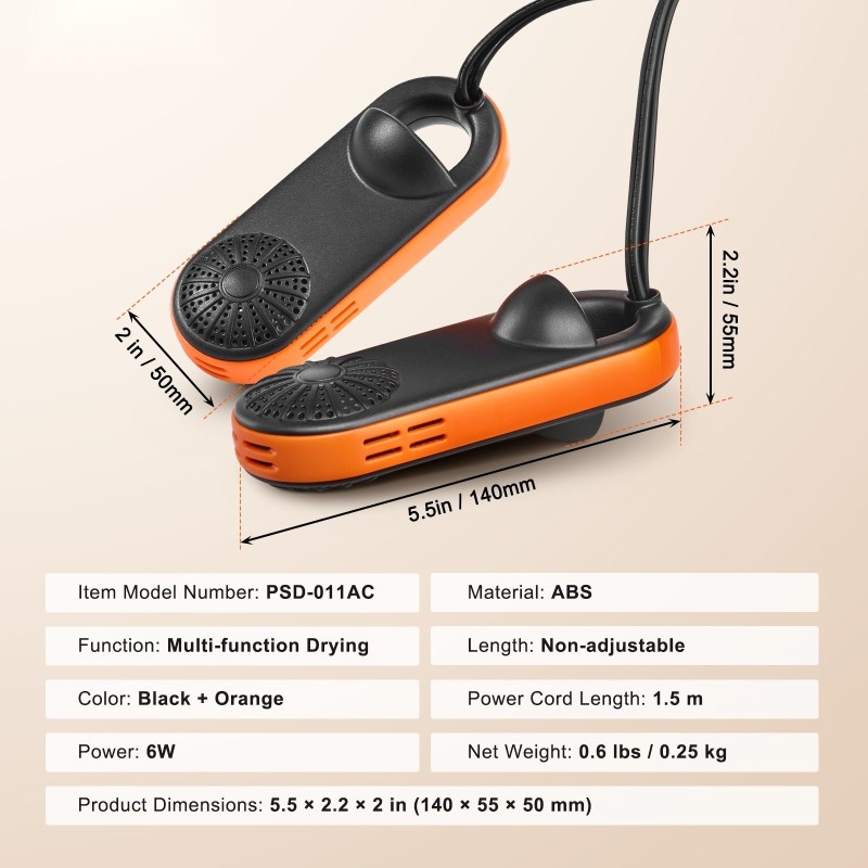 Kengänkuivain ABS-muovinen 6W UVA-valolla musta ja oranssi matkakäyttöön