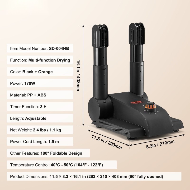 Kenkäkuivain 2-putkinen 180 asteen taittuva ajastin kolmen tunnin PP ja ABS