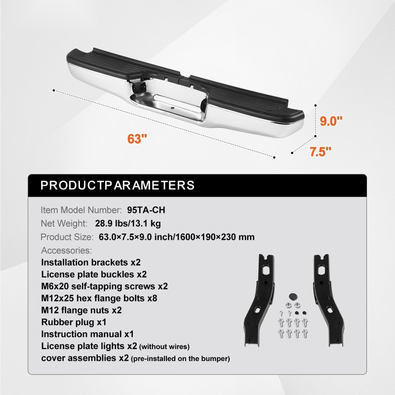 Takapuskuri kromattua terästä yhteensopiva Toyota Tacoma 1995–2004 askelolla ja rekisterivaloilla ilman anturinreikiä