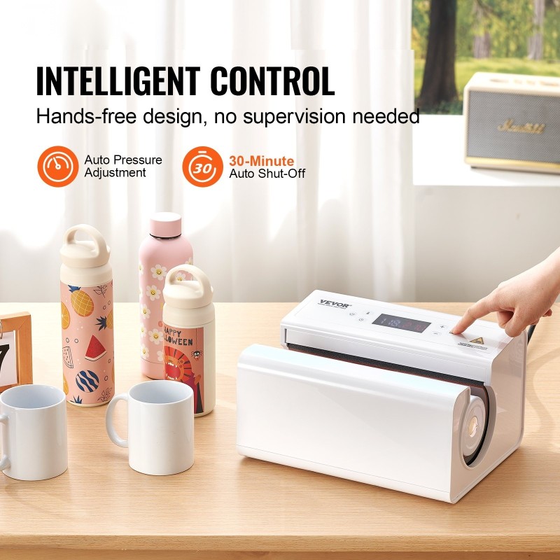 Automaattinen lämpöpuristin mukeille ja termospulloille halkaisijaltaan 75–85 mm valkoinen