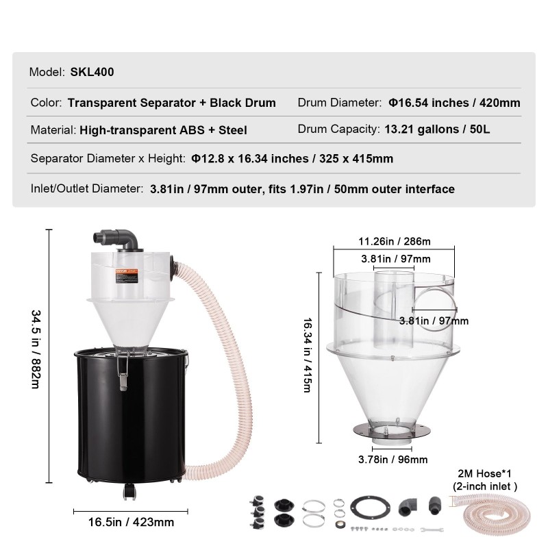 Sykloonierotin 50 l metallirummulle läpinäkyvällä ABS-erottimella 101,6 mm liitännällä