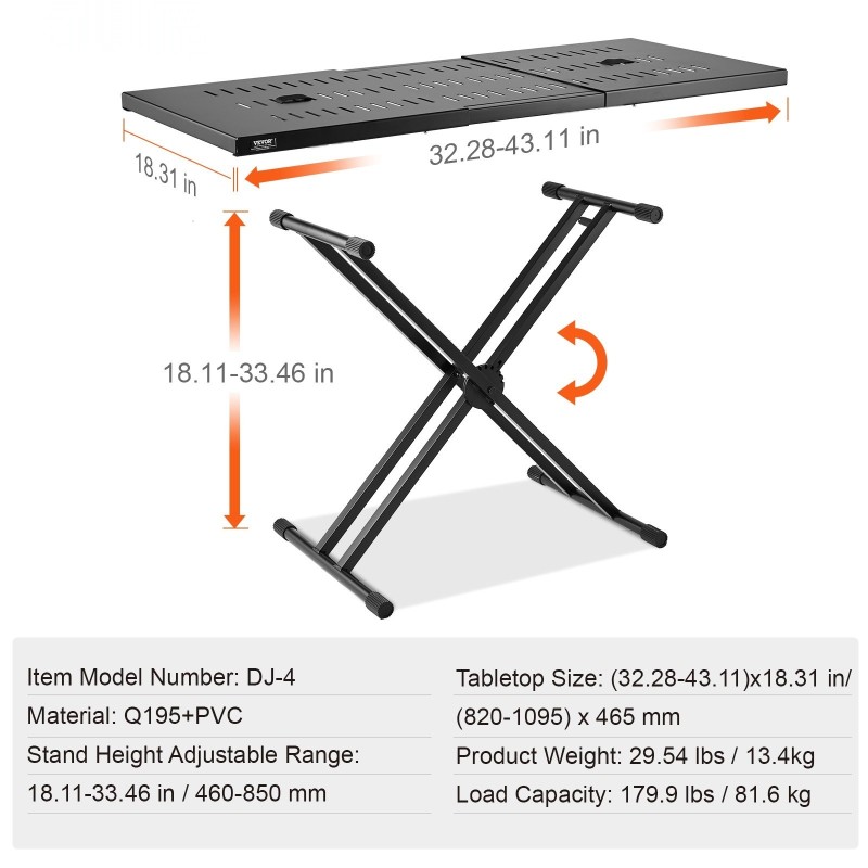 Korkeussäädettävä DJ-pöytäteline seosteräksestä 820–1095 mm leveä 465 mm syvä pöytätaso