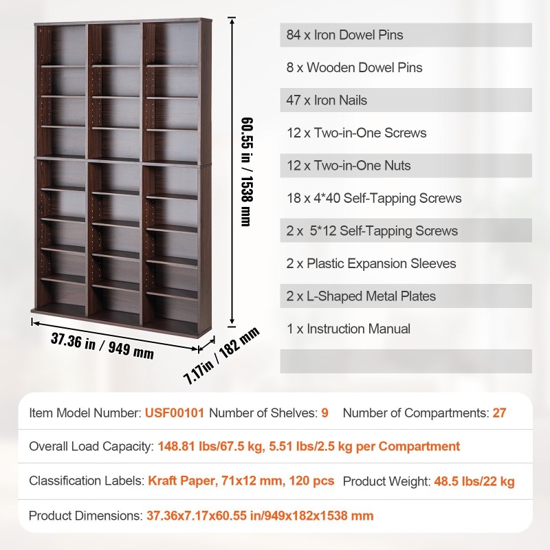 CD- ja DVD-säilytyskaappi 9 hyllyä 27 lokeroa säädettävät hyllyt 756 CD-levyä espresso