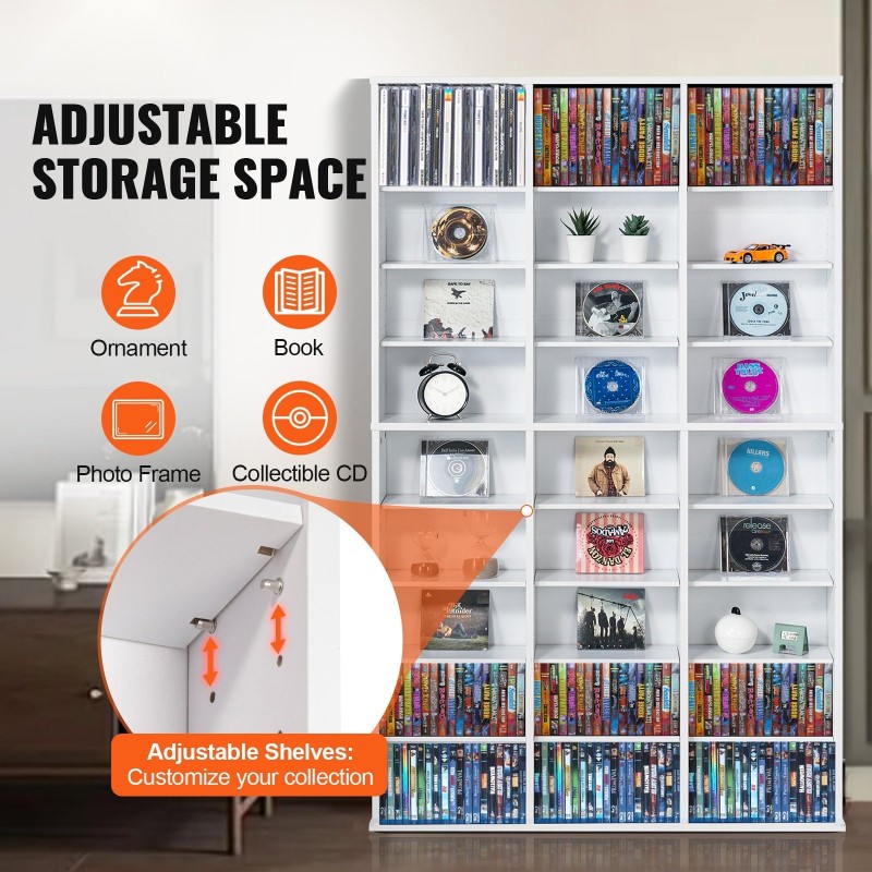 DVD- ja CD-säilytyskaappi 9 hyllyä 27 osastoa säädettävät hyllyt valkoinen