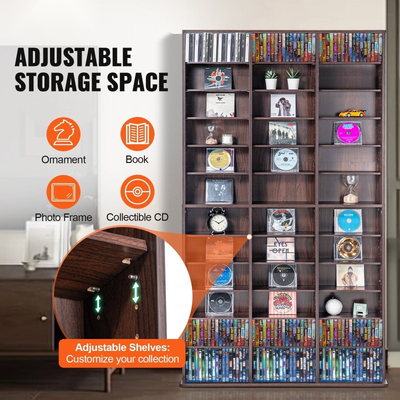 DVD- ja CD-säilytyskaappi säädettävillä hyllyillä tilaa jopa 1080 CD-levyä espresso