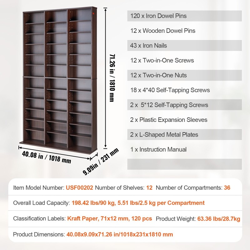 DVD- ja CD-säilytyskaappi säädettävillä hyllyillä tilaa jopa 1080 CD-levyä espresso