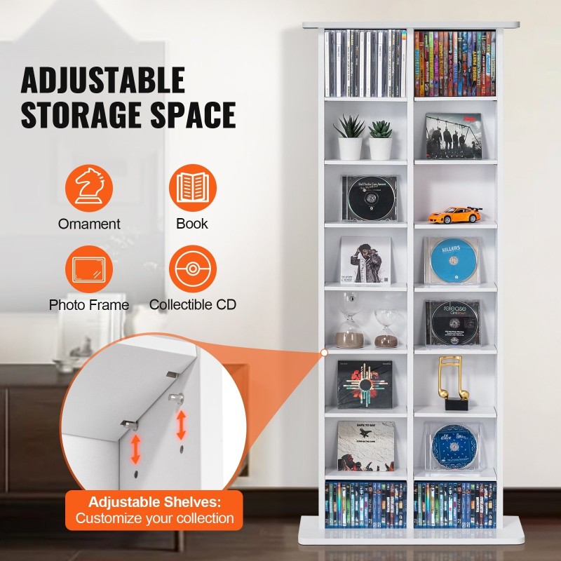 Mediakaappi 8 säädettävää hyllyä 16 lokeroa tilaa 464 CD-levylle valkoinen