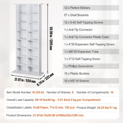 Mediakaappi 8 säädettävää hyllyä 16 lokeroa tilaa 464 CD-levylle valkoinen