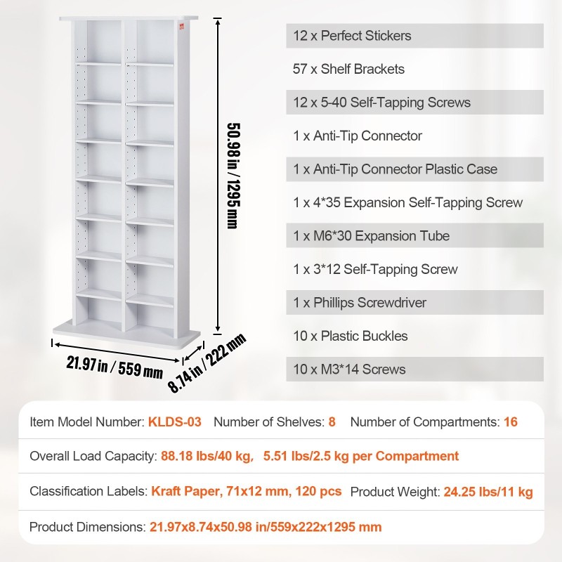 Mediakaappi 8 säädettävää hyllyä 16 lokeroa tilaa 464 CD-levylle valkoinen