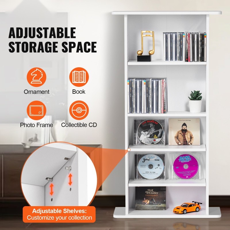 DVD- ja CD-säilytyskaappi 5 hyllyä säädettävillä hyllyillä valkoinen tilaa jopa 240 CD-levylle