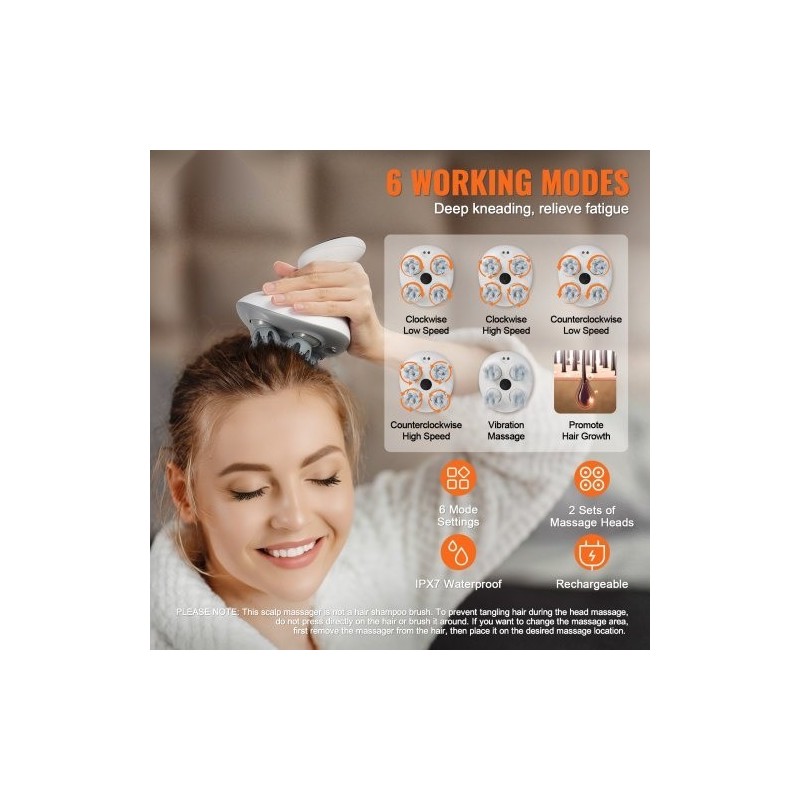 Sähköinen päänahan hierontalaite ladattava IPX7-vesitiivis 8 irrotettavaa hierontapäätä 6 tilaa