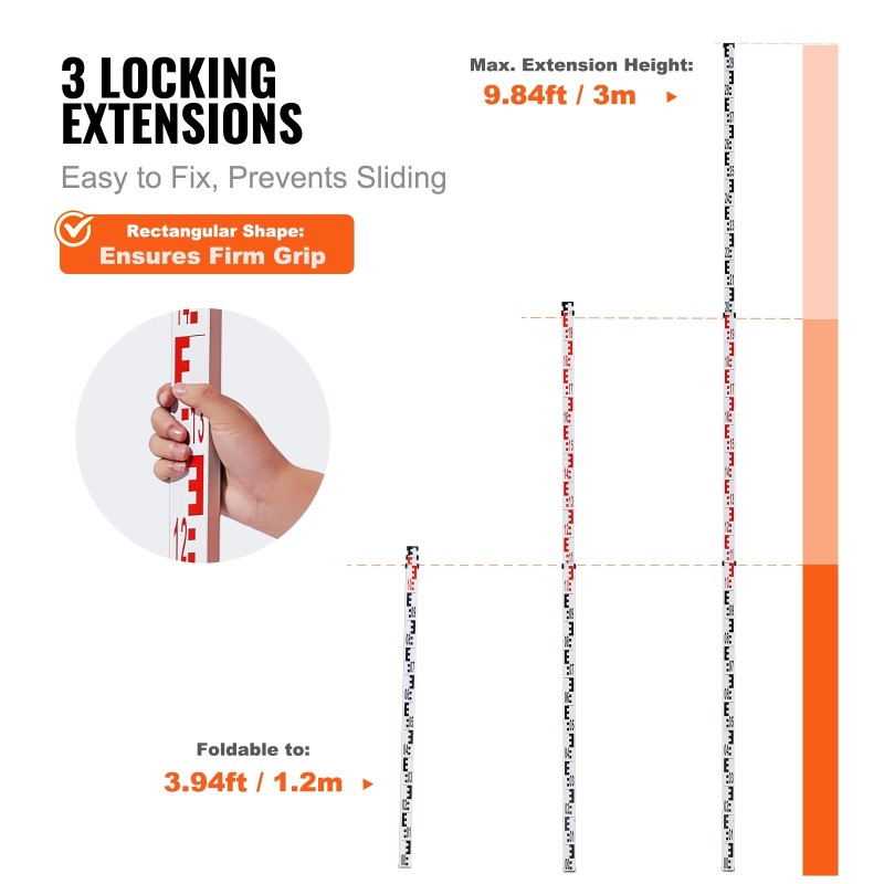 Alumiininen teleskooppivaaitussauva kolme metriä kolmiosainen kaksipuolinen senttimetri ja millimetri asteikko kuplavaaka