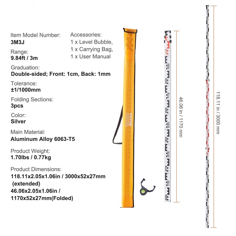 Alumiininen teleskooppivaaitussauva kolme metriä kolmiosainen kaksipuolinen senttimetri ja millimetri asteikko kuplavaaka