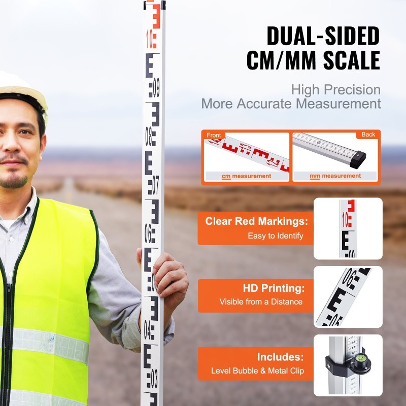 Teleskooppinen alumiininen mittakeppi 5m 5-osainen kaksipuolinen asteikko 1cm/1mm kuplavaaka kuljetuspussi