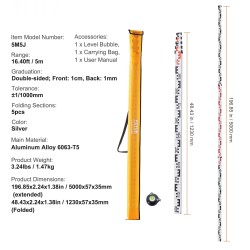 Teleskooppinen alumiininen mittakeppi 5m 5-osainen kaksipuolinen asteikko 1cm/1mm kuplavaaka kuljetuspussi