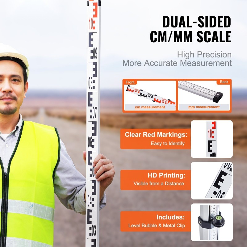 Alumiininen teleskooppimittasauva 4 m kaksipuolinen cm ja mm asteikko kuplavaaka kantolaukku