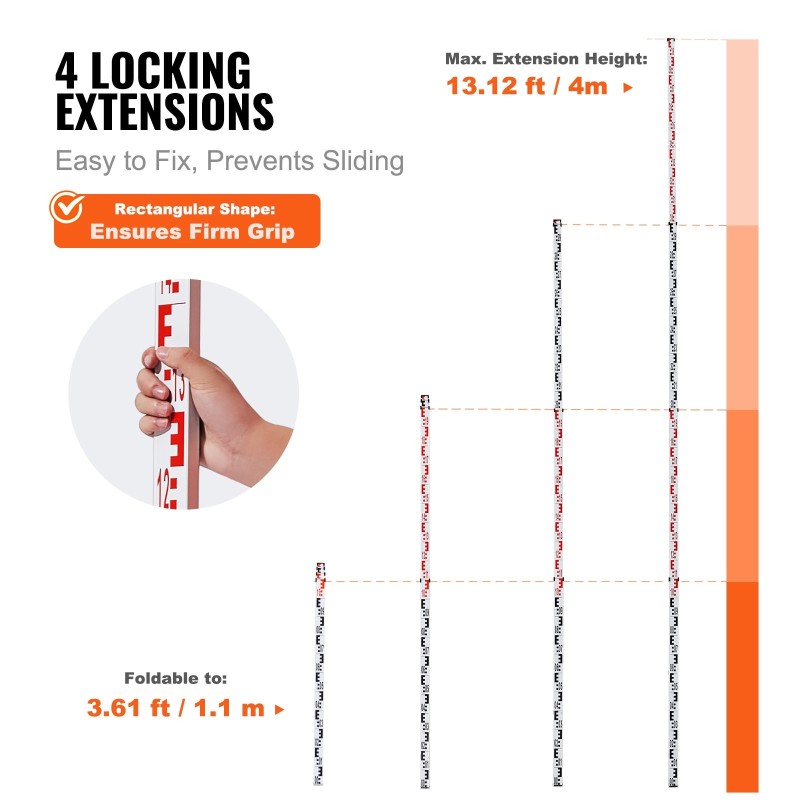 Alumiininen teleskooppimittasauva 4 m kaksipuolinen cm ja mm asteikko kuplavaaka kantolaukku
