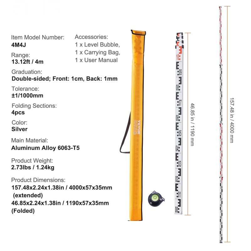 Alumiininen teleskooppimittasauva 4 m kaksipuolinen cm ja mm asteikko kuplavaaka kantolaukku