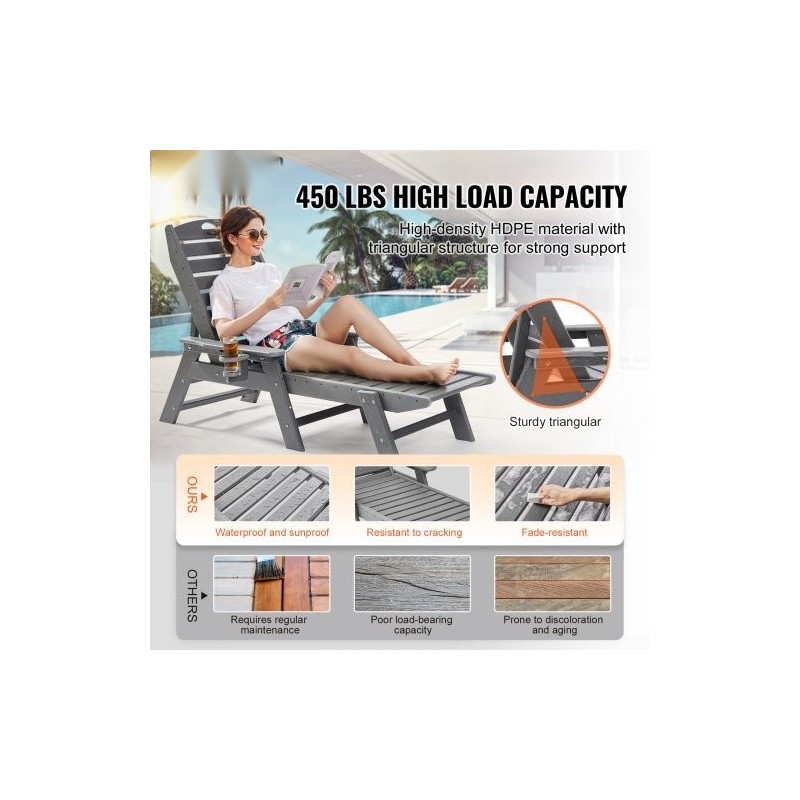 HDPE-lepotuoli ulkokäyttöön 185 cm 6 säädettävää asentoa noin 204 kg kantavuus harmaa