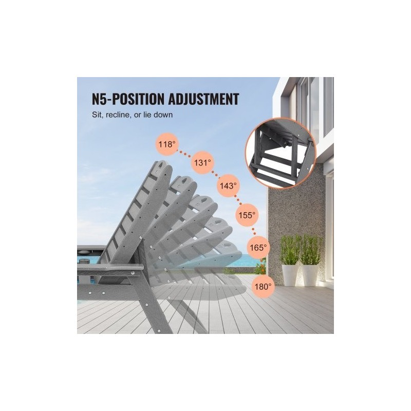 HDPE-lepotuoli ulkokäyttöön 185 cm 6 säädettävää asentoa noin 204 kg kantavuus harmaa