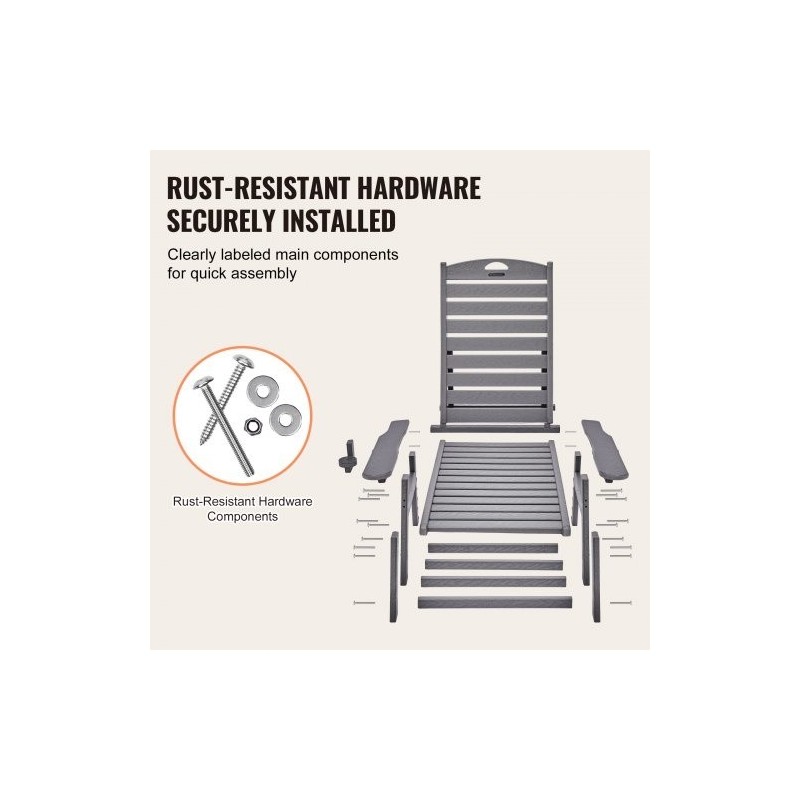 HDPE-lepotuoli ulkokäyttöön 185 cm 6 säädettävää asentoa noin 204 kg kantavuus harmaa