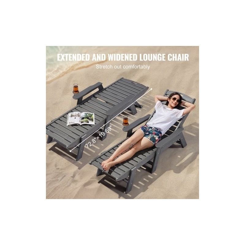 HDPE-lepotuoli ulkokäyttöön 185 cm 6 säädettävää asentoa noin 204 kg kantavuus harmaa