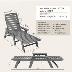 HDPE-lepotuoli ulkokäyttöön 185 cm 6 säädettävää asentoa noin 204 kg kantavuus harmaa