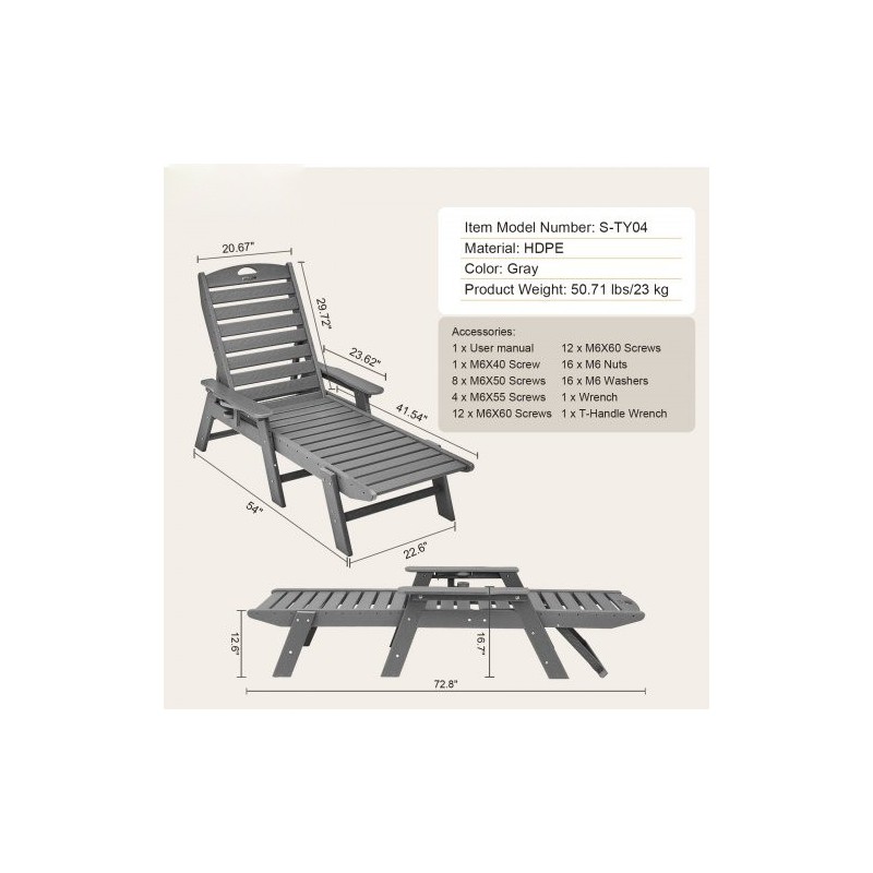 HDPE-lepotuoli ulkokäyttöön 185 cm 6 säädettävää asentoa noin 204 kg kantavuus harmaa