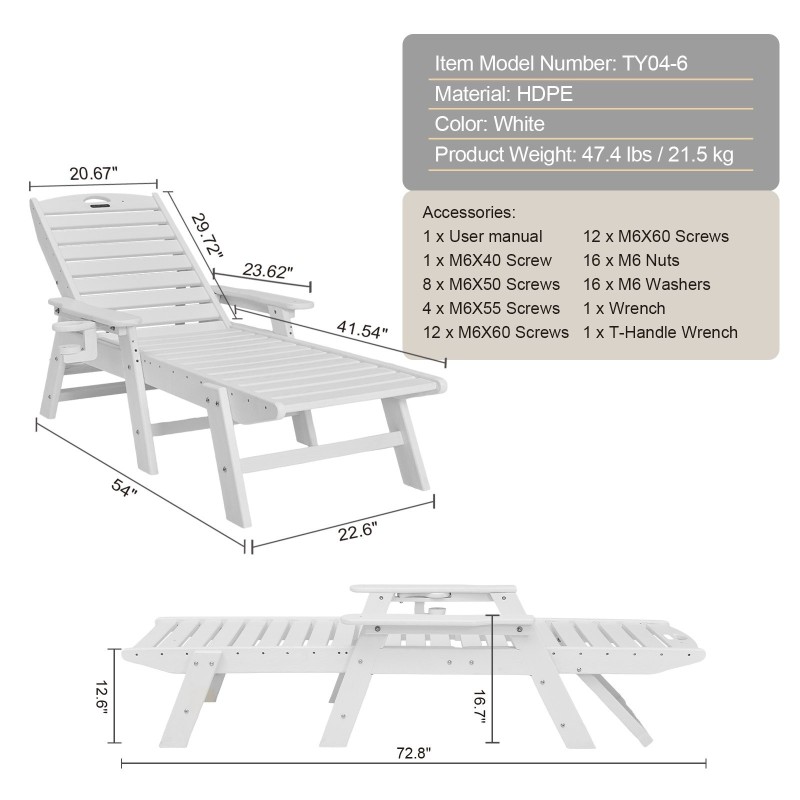 Lepotuoli HDPE-muovinen ulkokäyttöön valkoinen kuusi asentoa 450 paunaa