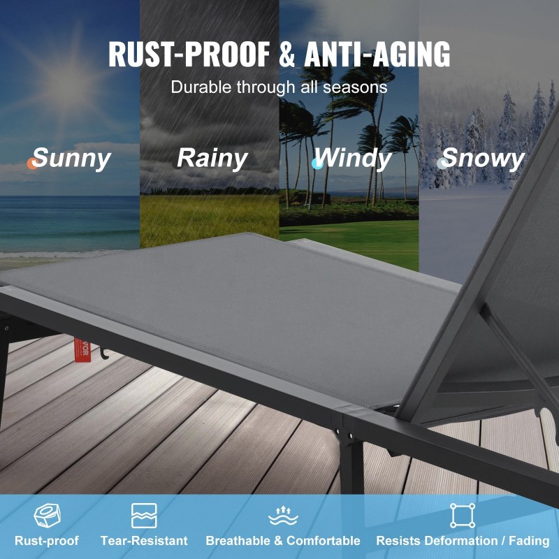 Alumiiniseoksesta valmistetut kokoontaitettavat lepotuolit kulutusta kestävällä kankaalla 5-portaisella selkänojalla 2 kpl