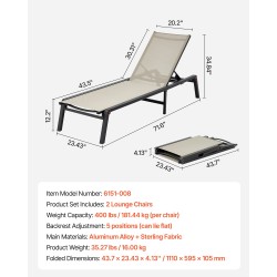 Taitettava ulkolepotuolisetti 2 kpl alumiiniseosrunko Textilene kangas 5 asentoa 181 kg