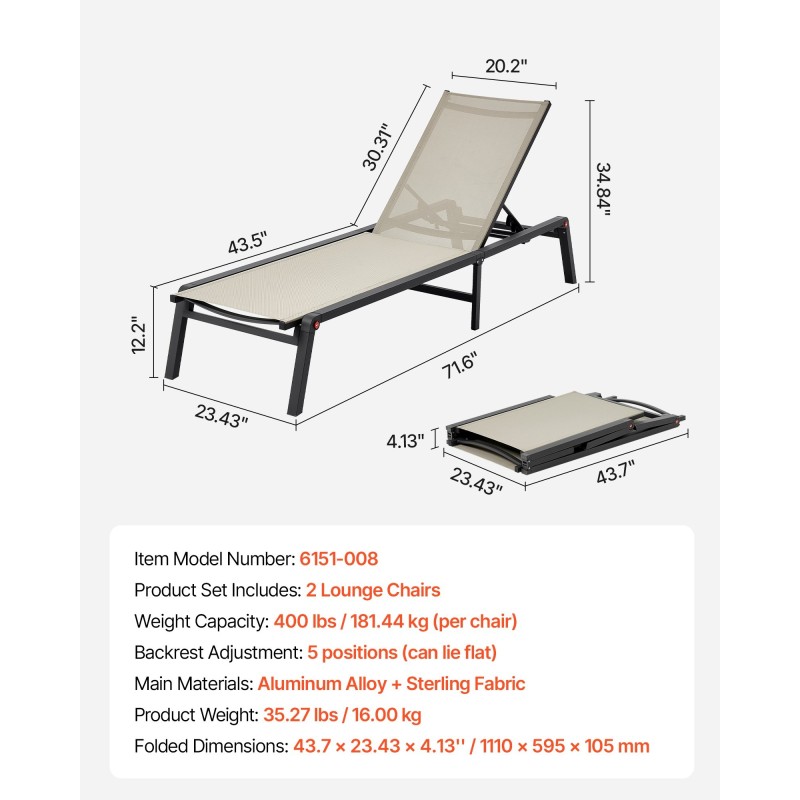 Taitettava ulkolepotuolisetti 2 kpl alumiiniseosrunko Textilene kangas 5 asentoa 181 kg