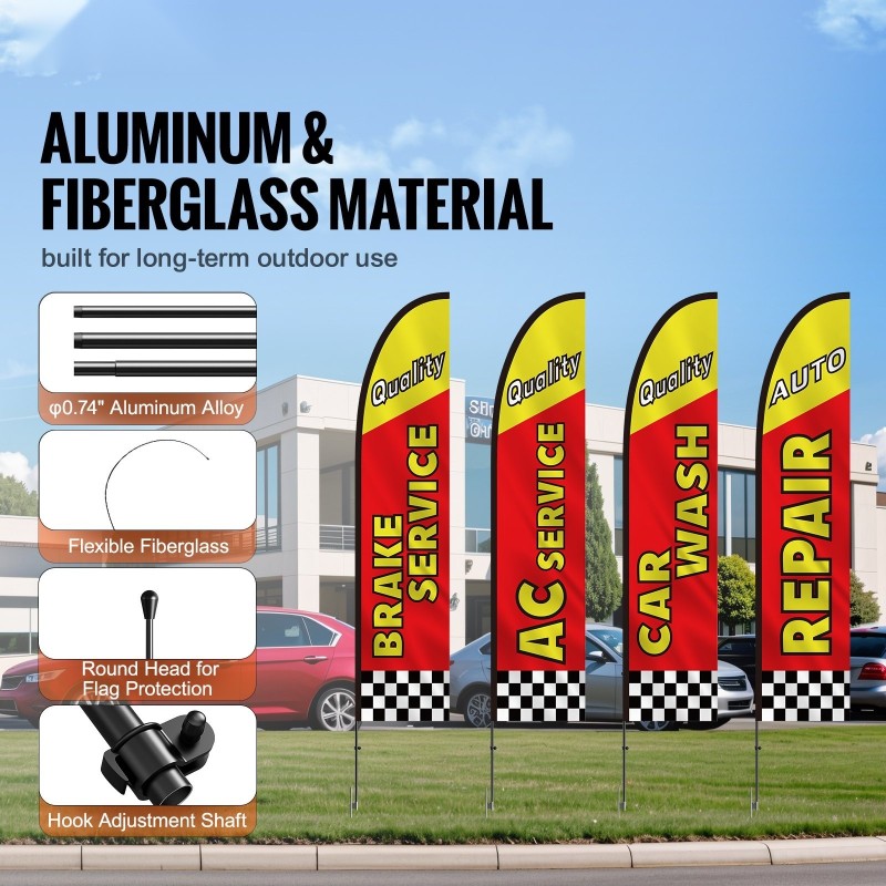 Sulkalippusarja 4 lippua alumiini- ja lasikuitutangolla 498 cm autohuoltoon