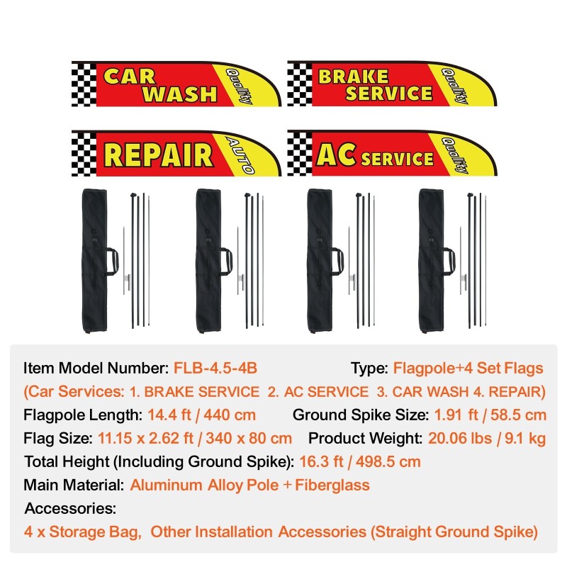 Sulkalippusarja 4 lippua alumiini- ja lasikuitutangolla 498 cm autohuoltoon