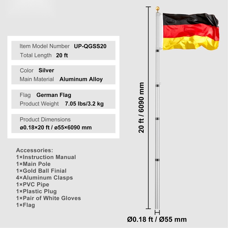 Teleskooppinen alumiiniseos lipputankosarja 6,09 metriä ulkokäyttöön hopea Saksan lippu