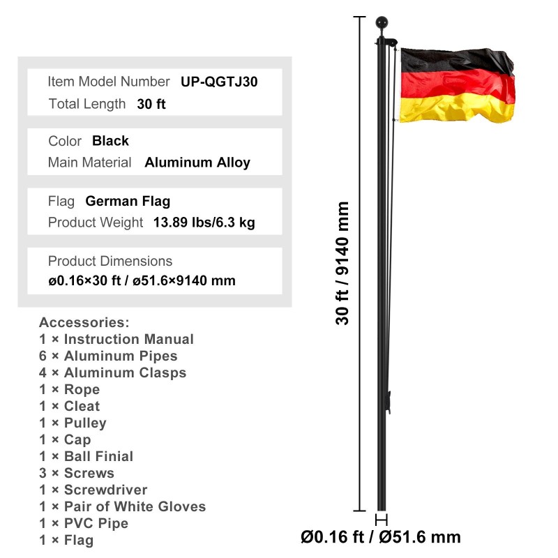 Lippusalko alumiiniseoksesta 9,14 m musta irrotettava kahdelle lipulle puolitanko Saksan lippu mukana