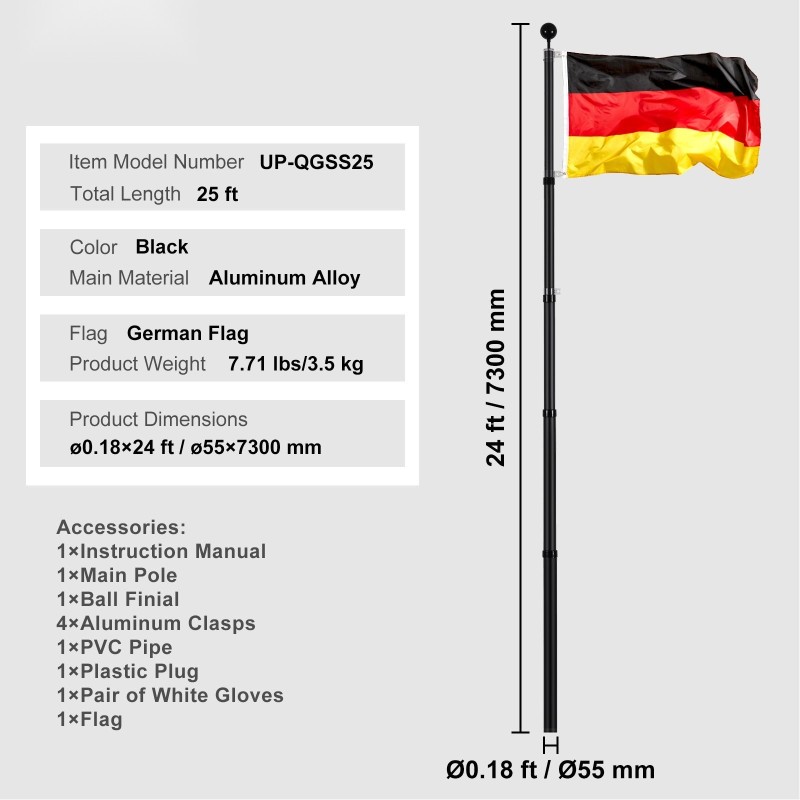 Teleskooppinen alumiiniseos lipputankosarja ulkokäyttöön 7,3 metrin musta Saksan lipulla