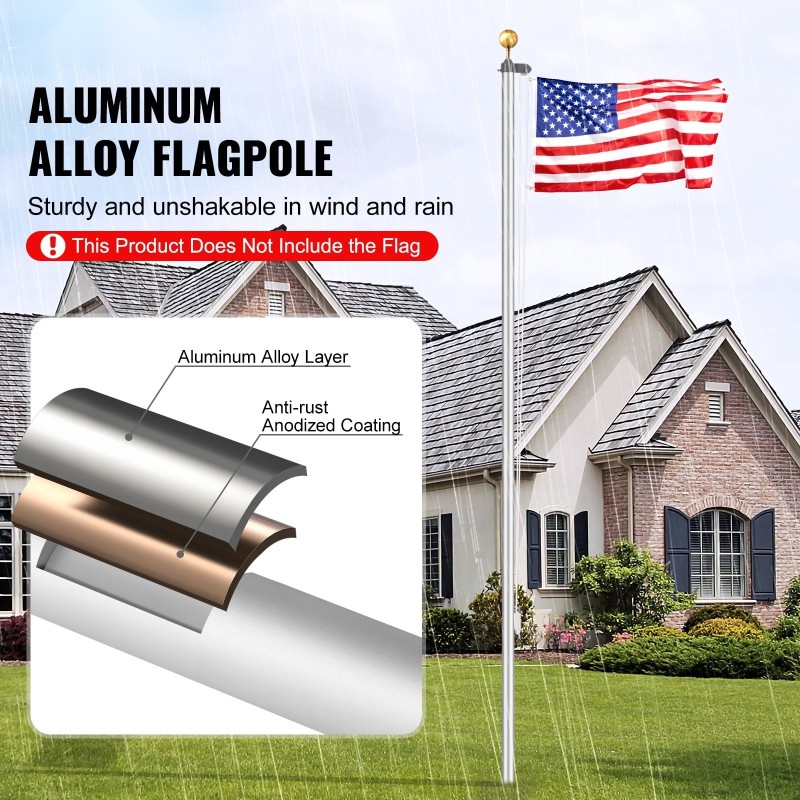 Lipputankosarja alumiininen irrotettava paksuseinäinen 6,09 m ulkokäyttöön hopea ammattitarvikkeilla kolme esitystapaa